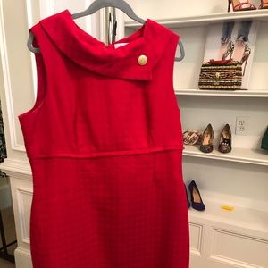 Red, gold button dress.